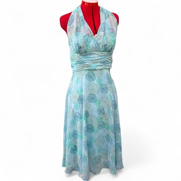 connected apparel Dresses & Skirts - Connected Apparel Y2K Light Blue & Green Swirl Halter Dress Ruched Waist Size 8